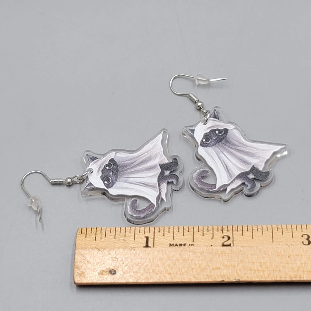 Halloween Black Kitty Cat Ghost Pierced Earrings Silver tone Dangle 1.5 in