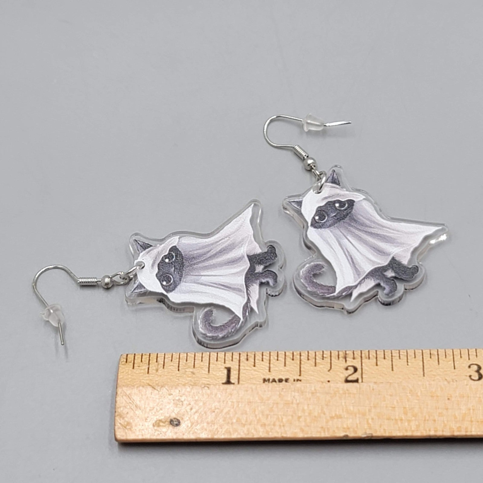 Halloween Black Kitty Cat Ghost Pierced Earrings Silver tone Dangle 1.5 in