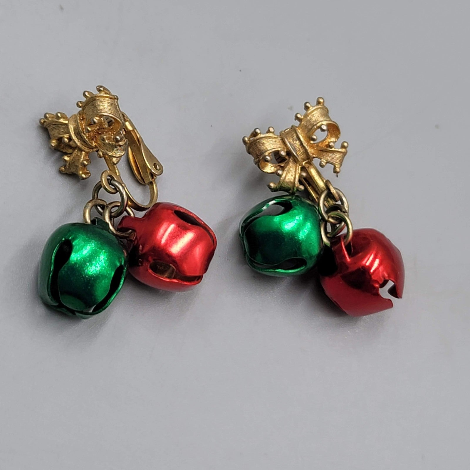 Vintage Christmas Bow Bells Clip on Earrings Gold tone Dangle 1.5"