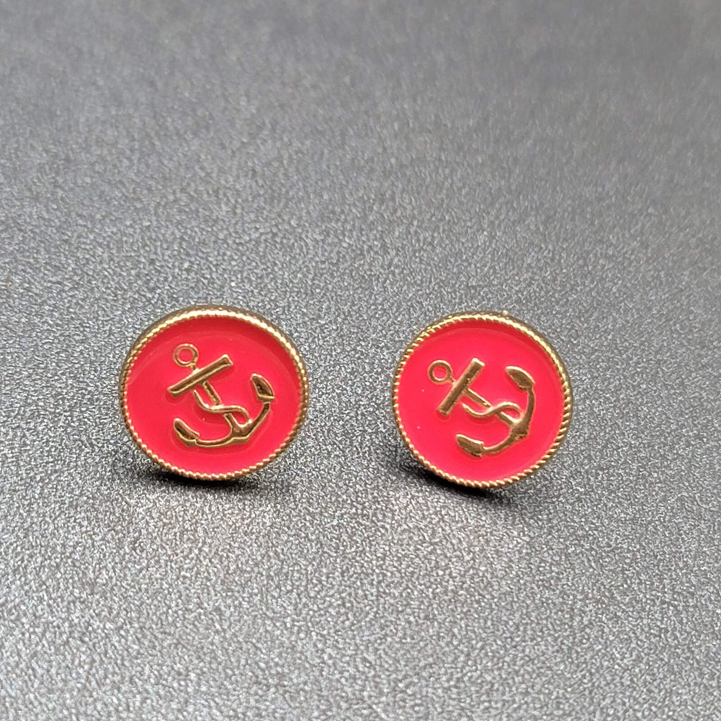 Pierced Earrings Hot Pink Enamel Nautical Anchor Studs 1/2"
