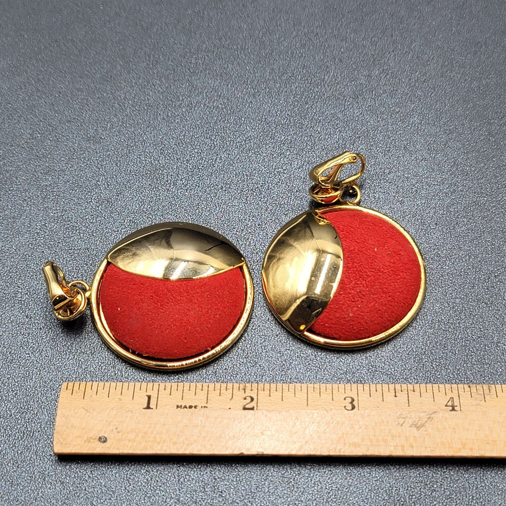 Vintage Clip on Earrings Large Statement Red Felt Gold tone  2.5"