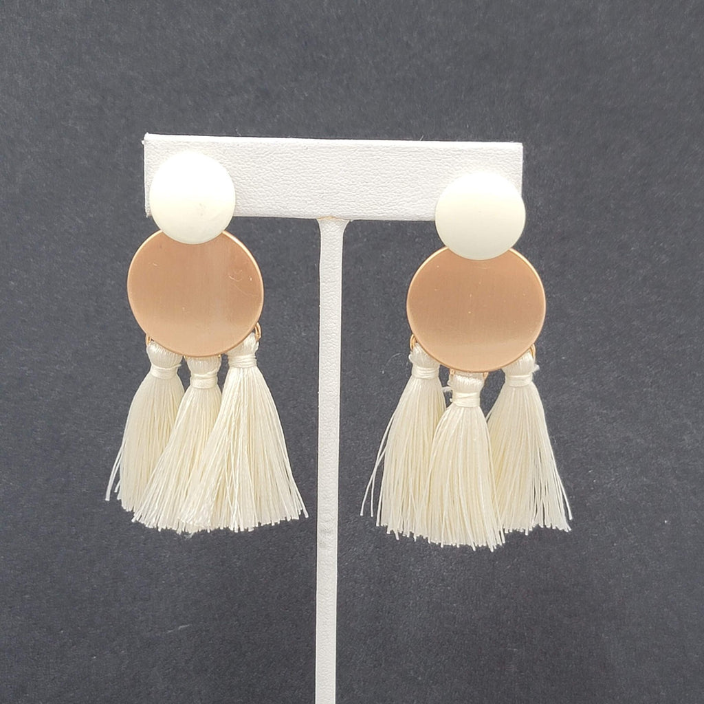 Pierced Earrings Brushed Gold tone White Tassel String Dangle 2.5"