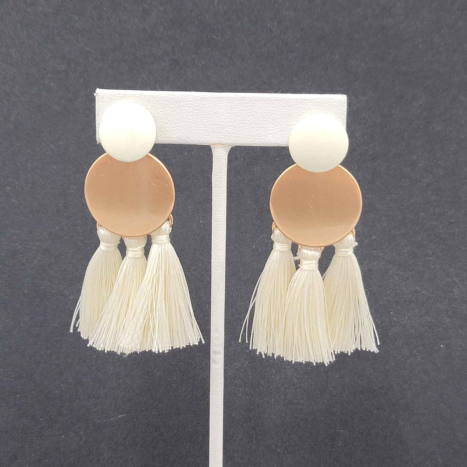 Pierced Earrings Brushed Gold tone White Tassel String Dangle 2.5"