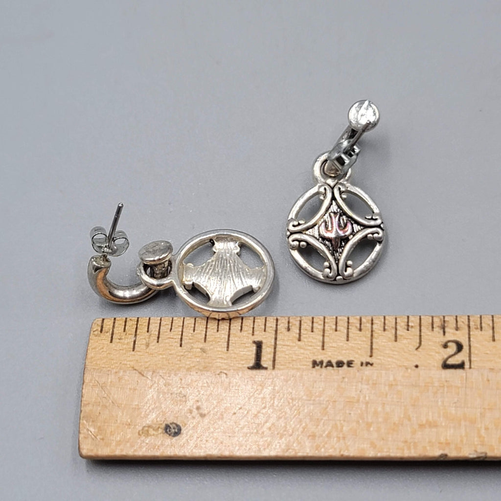 Pierced Earrings Silver tone Dangle Hoops Embossed Bird 1"