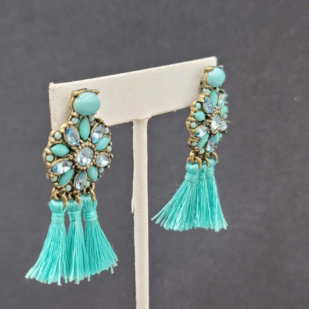 Pierced Earrings Gold tone Blue Rhinestone Tassel 2"
