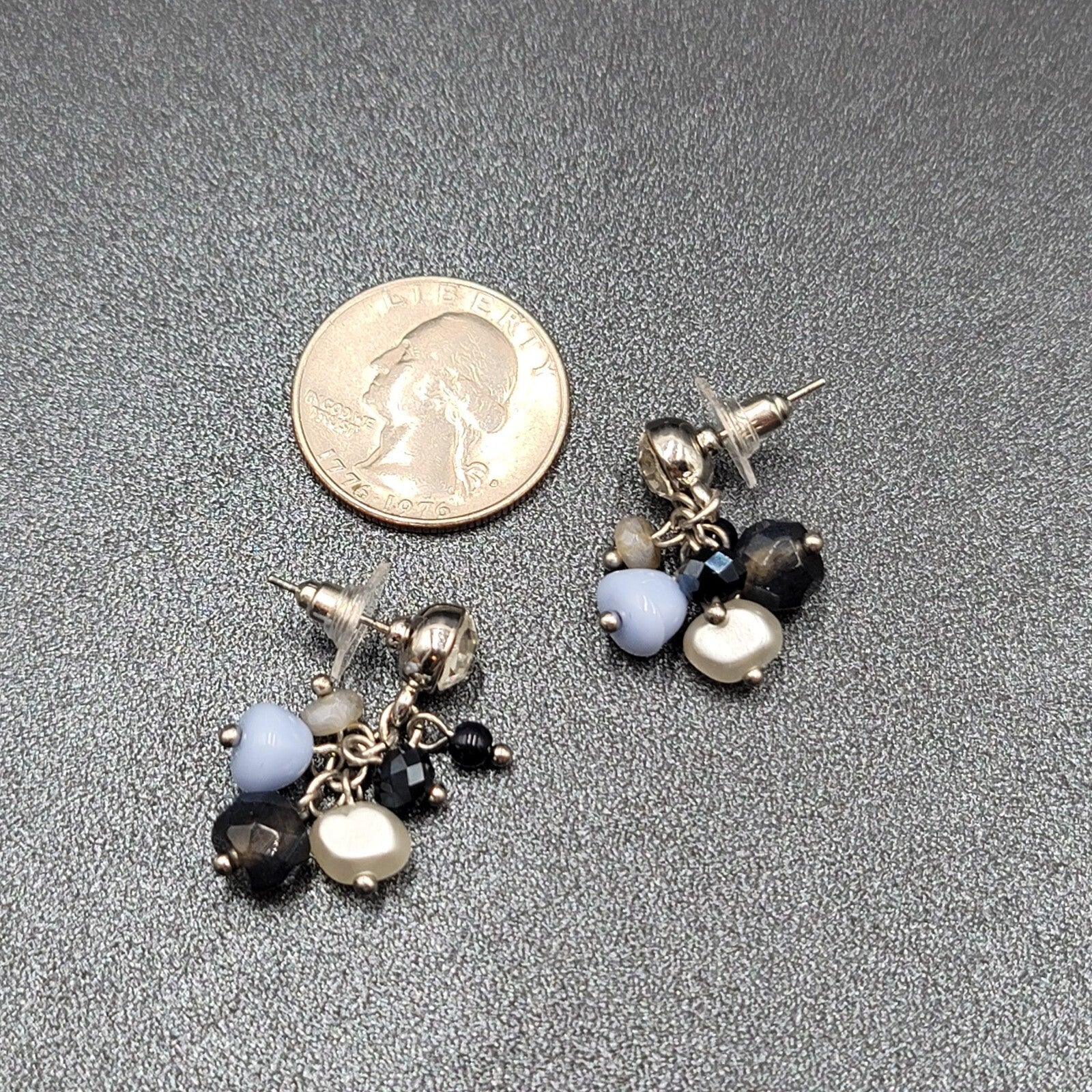 Pierced Earrings Silver tone Crystal Glass Pearl Beads Blues Dangle 1.25"