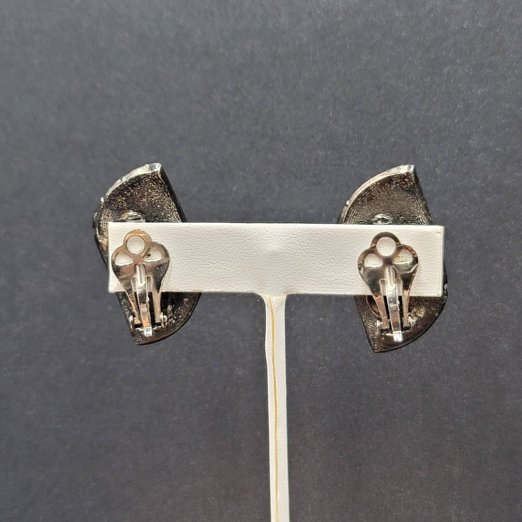 Vintage Clip on Earrings Black Metal Clear Rhinestones 1.5"