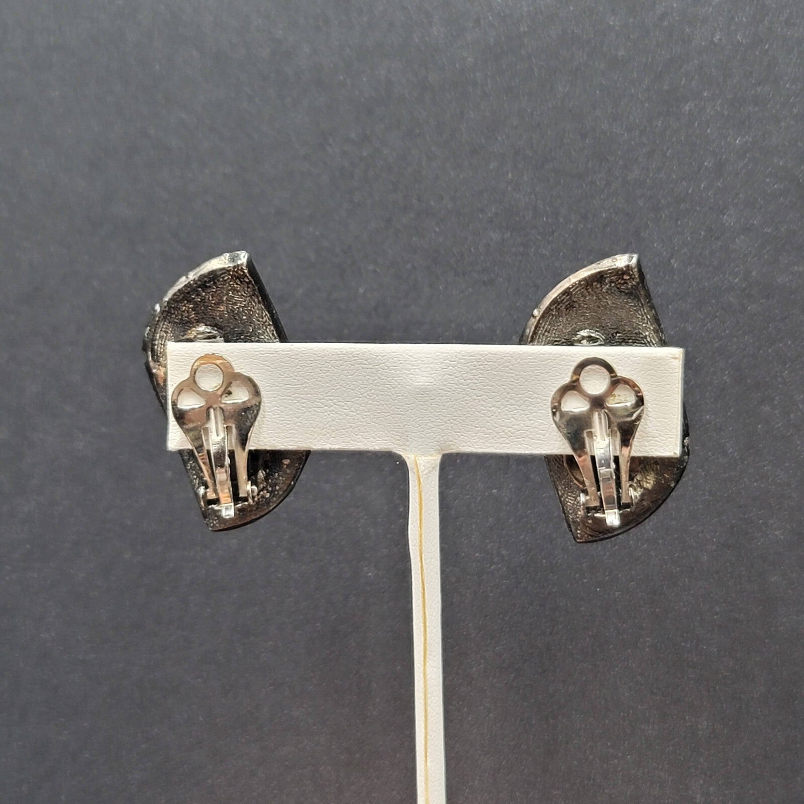 Vintage Clip on Earrings Black Metal Clear Rhinestones 1.5"