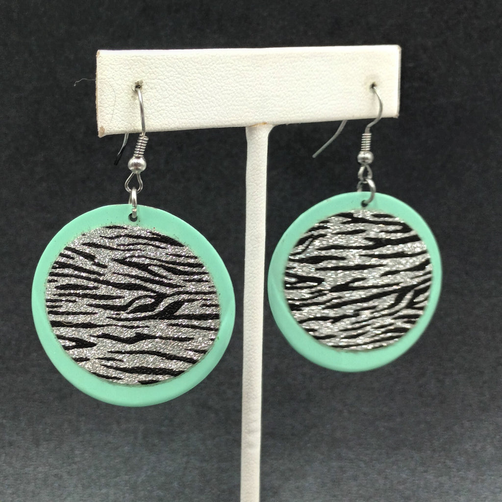 Pierced Earrings Seafoam Sparkle Zebra Print Enamel Round Dangle 1 1/2"