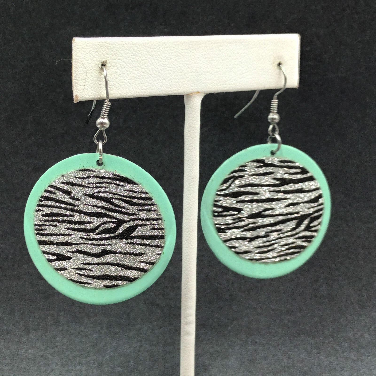 Pierced Earrings Seafoam Sparkle Zebra Print Enamel Round Dangle 1 1/2"