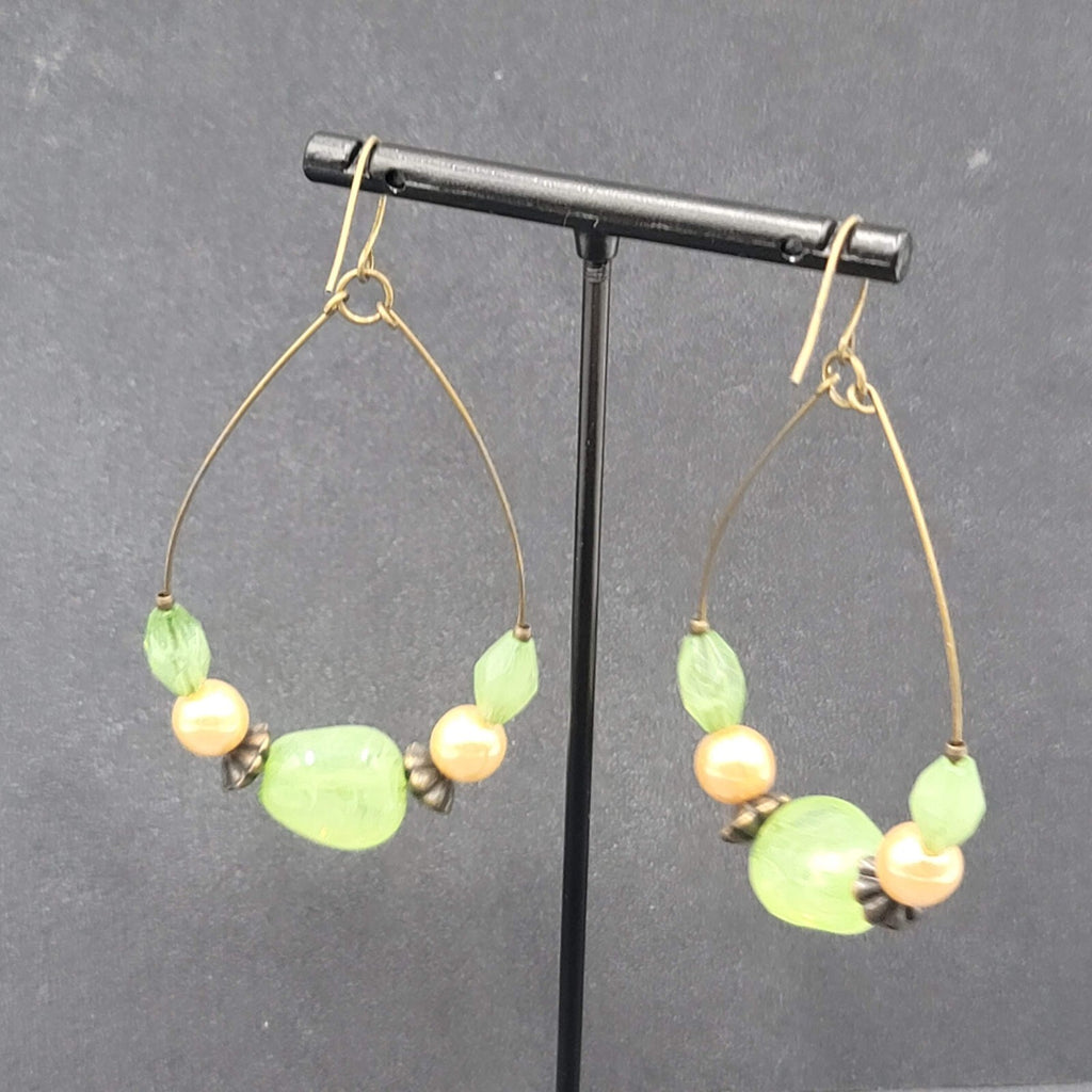 Pierced Earrings Green Bead Faux Pearl Hoops Dangle Statement 2.25"