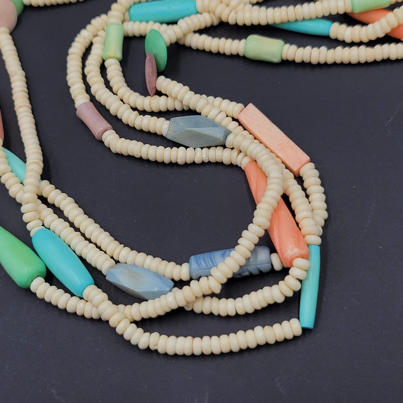 Vintage Multi Strand Beaded Necklace Carved Pastel Beads Toggle Clasp 24"
