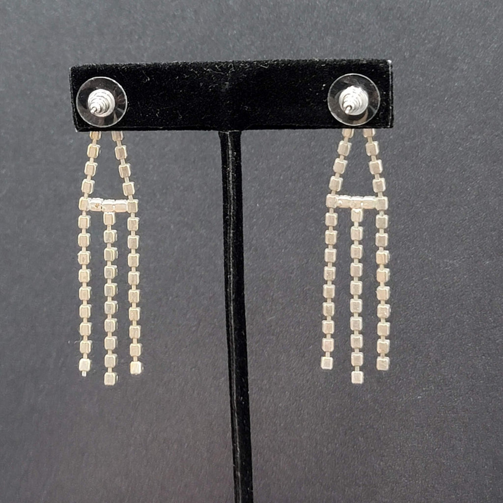 Vintage Pierced Earrings Silver tone Rhinestone Triple Dangle 2.25"