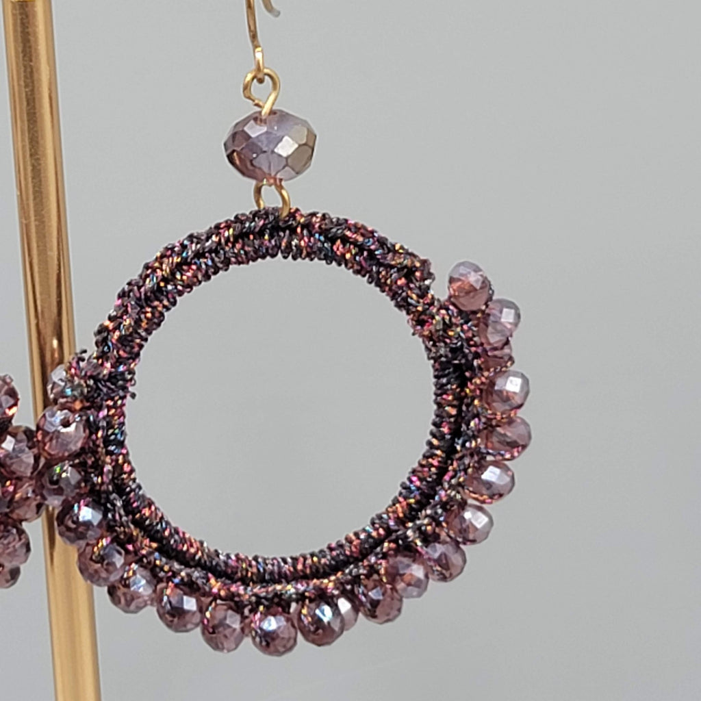 Purple Crystal Bead Pierced Earrings Thread Covered Open Hoop 1.75"