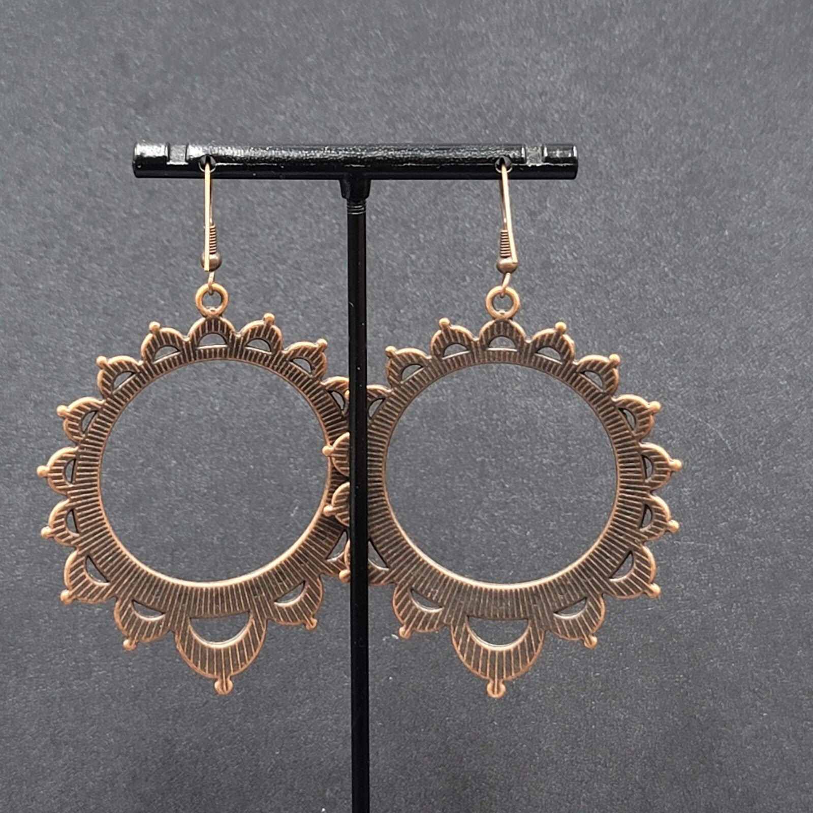 Boho Pierced Earrings Bronze tone Hoop Dangle 2.25"