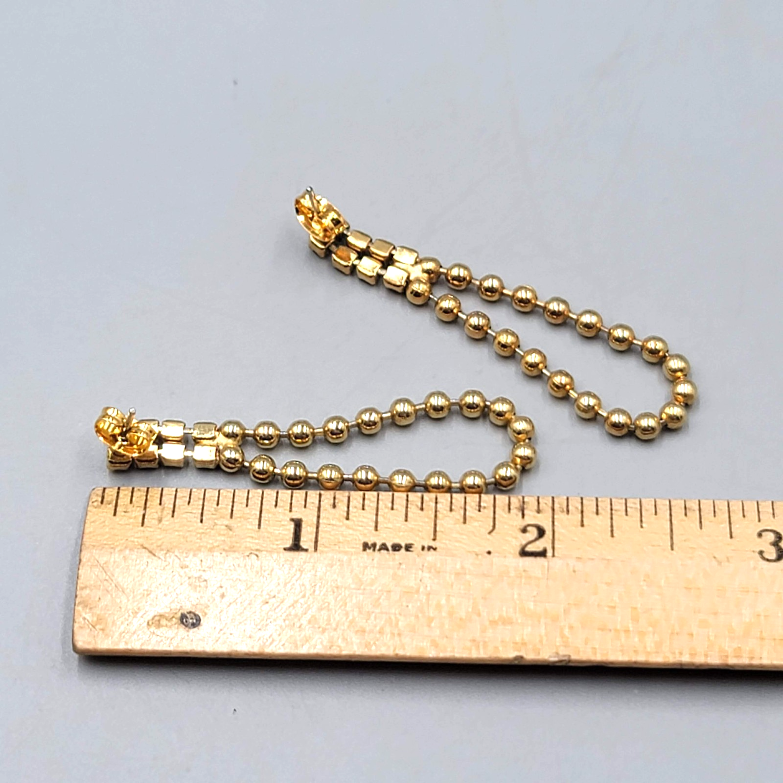 Vintage Dangle Ball Chain Pierced Earrings Rhinestone Gold tone Dangle 2"