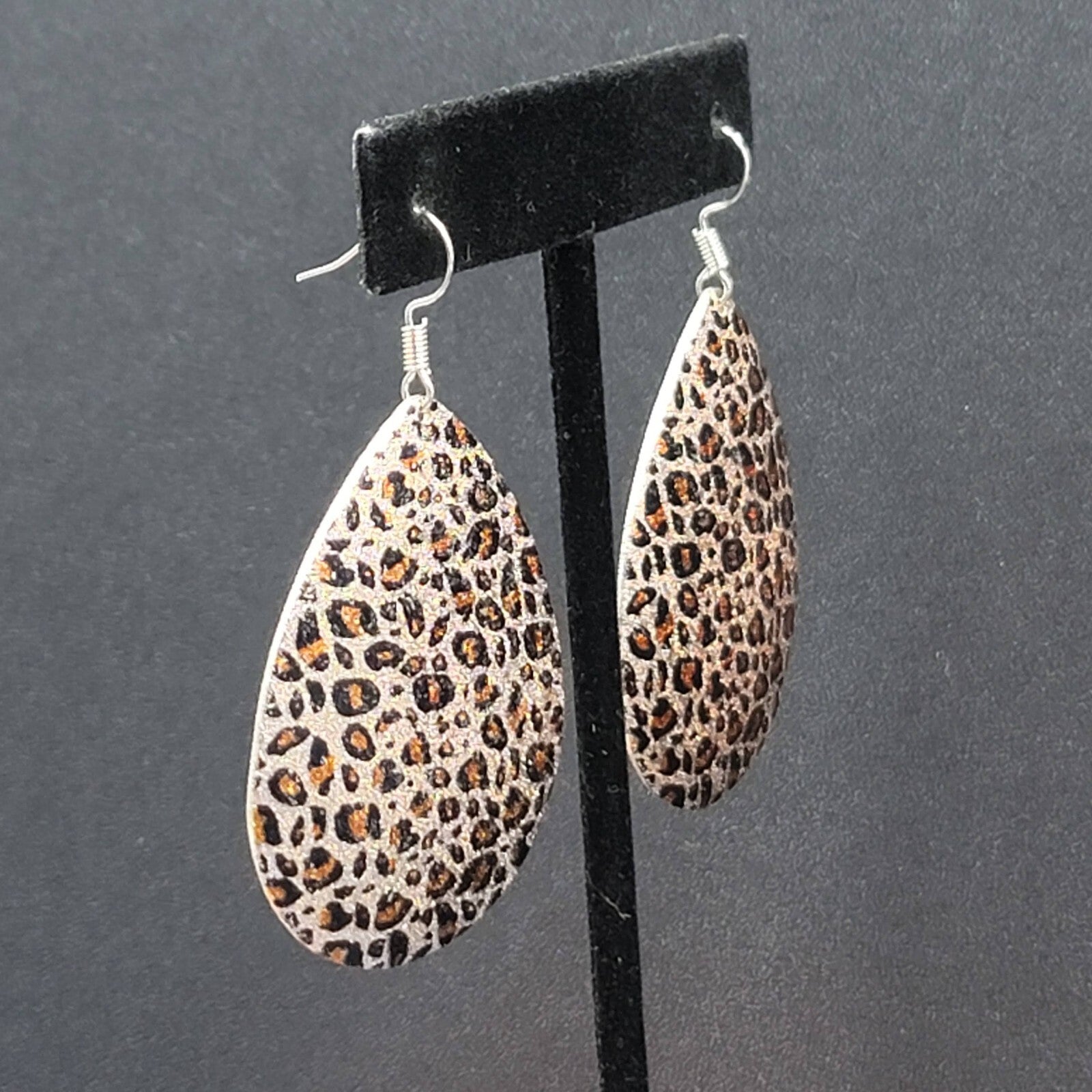 Pierced Earrings Leopard Print Metal Teardrop Dangle 2"