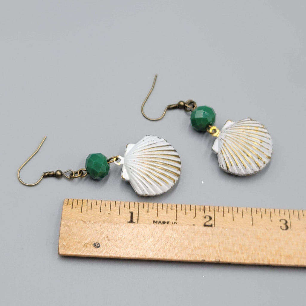 Pierced Earrings Bronze tone Green Bead Metal White Seashell Dangle 1 5/8"