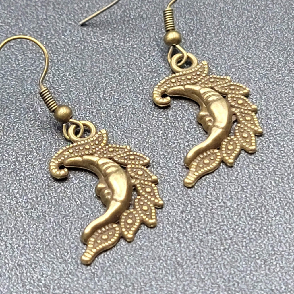 New Moon Face Pierced Earrings Bronze tone Dangle Embossed 1"