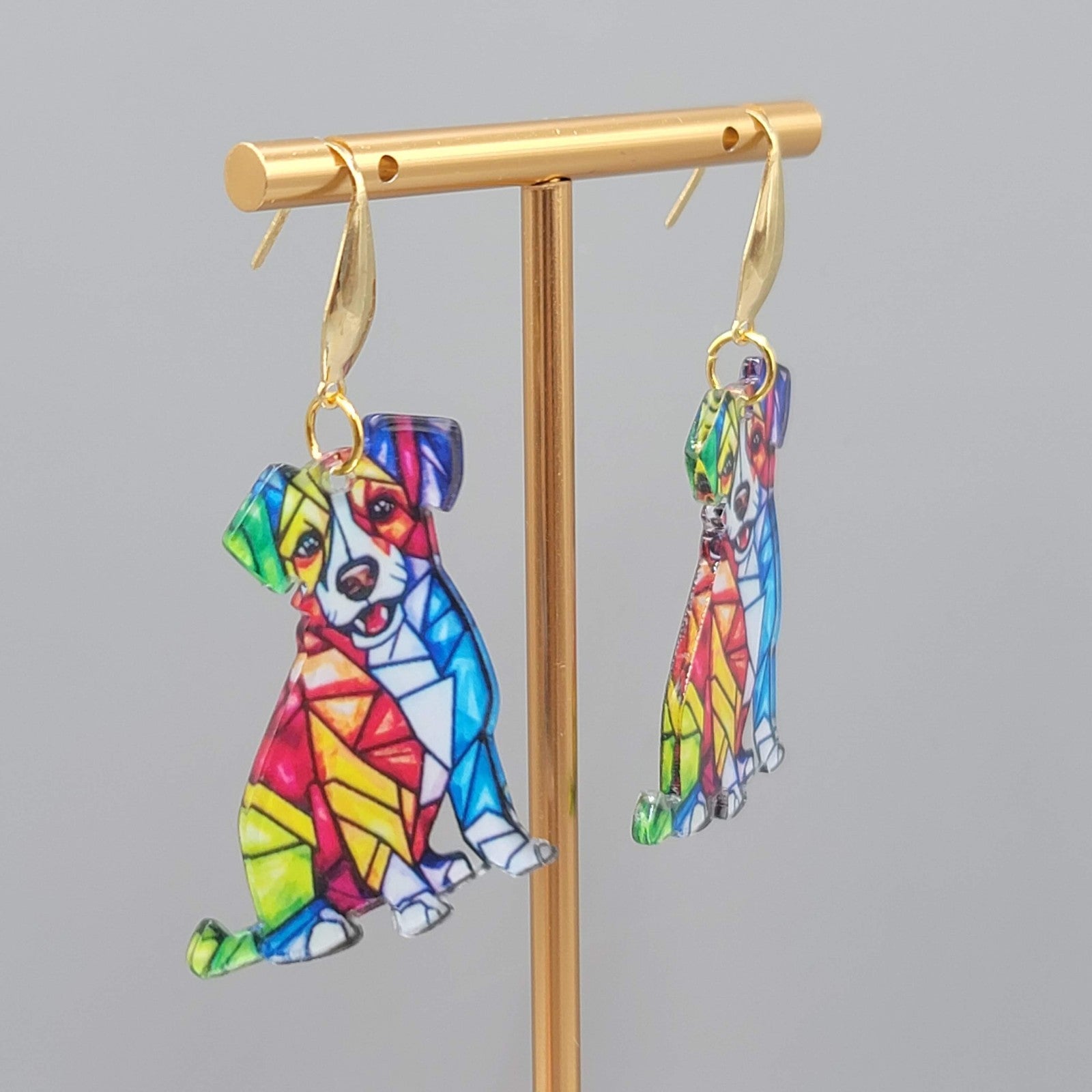 Mosiac Dog Pierced Earrings Multicolor Acrylic Dangle Gold tone Hook 1.5"
