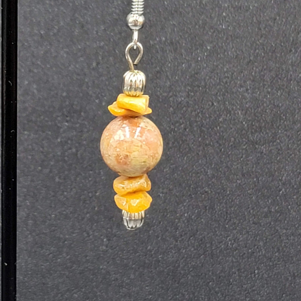 Pierced Earrings Silver tone Jasper Stone Beaded Dangle 1.25"