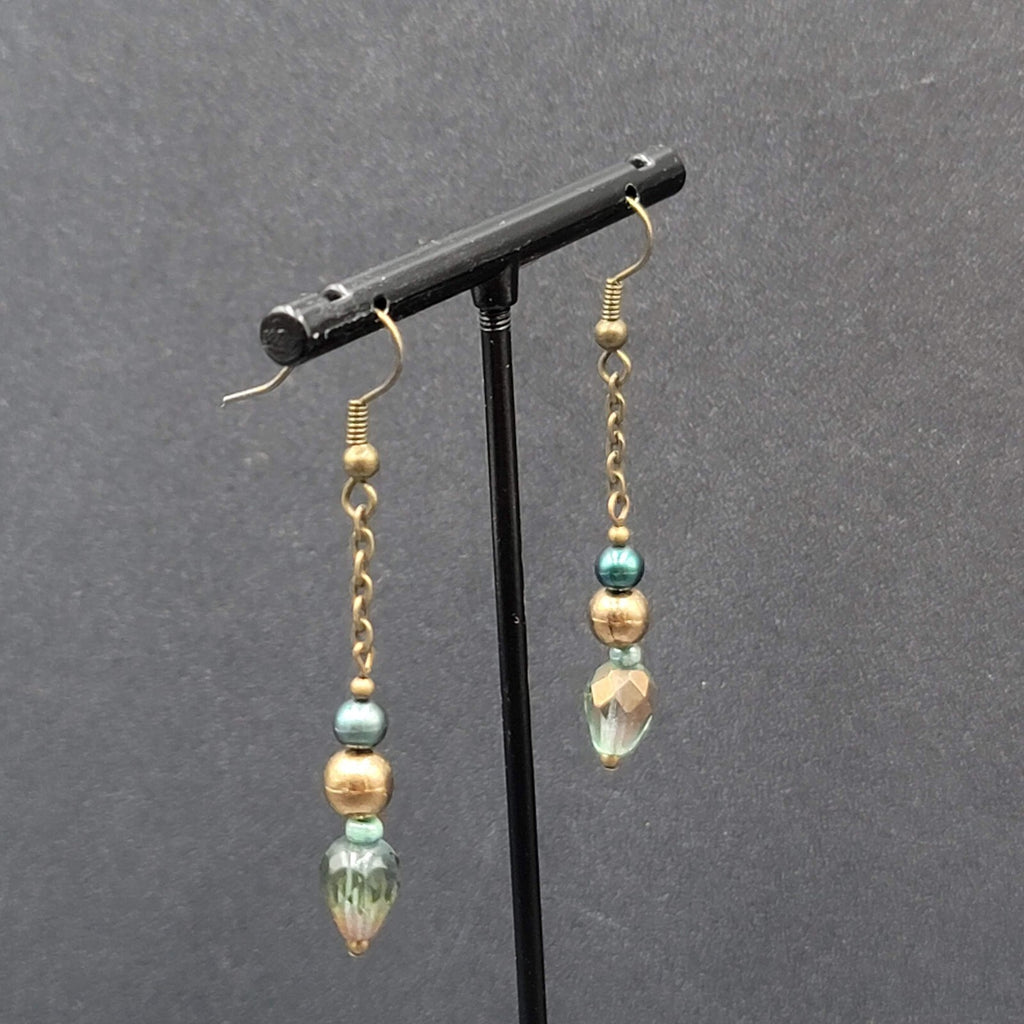 Pierced Earrings Bronze tone Metal Crystal Bead Dangle 1.5"