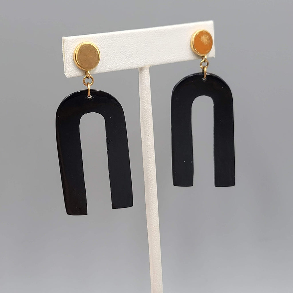 Carved Horn Statement Pierced Earrings Gold tone Dangle 2.5 in