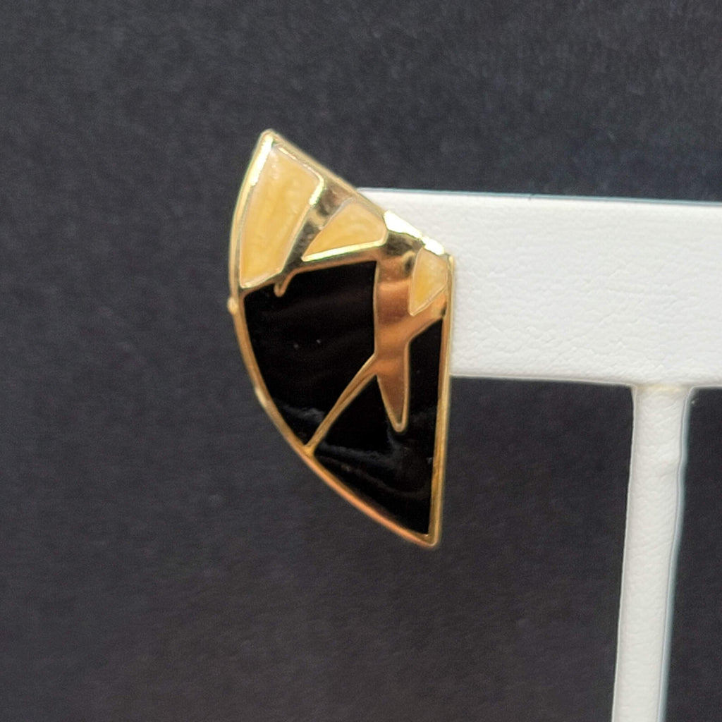 Vintage Pierced Earrings Goldtone Black Beige Enamel Statement Drop 1 3/8"