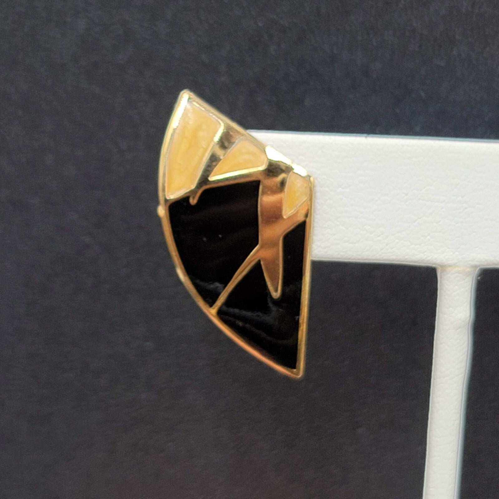 Vintage Pierced Earrings Goldtone Black Beige Enamel Statement Drop 1 3/8"