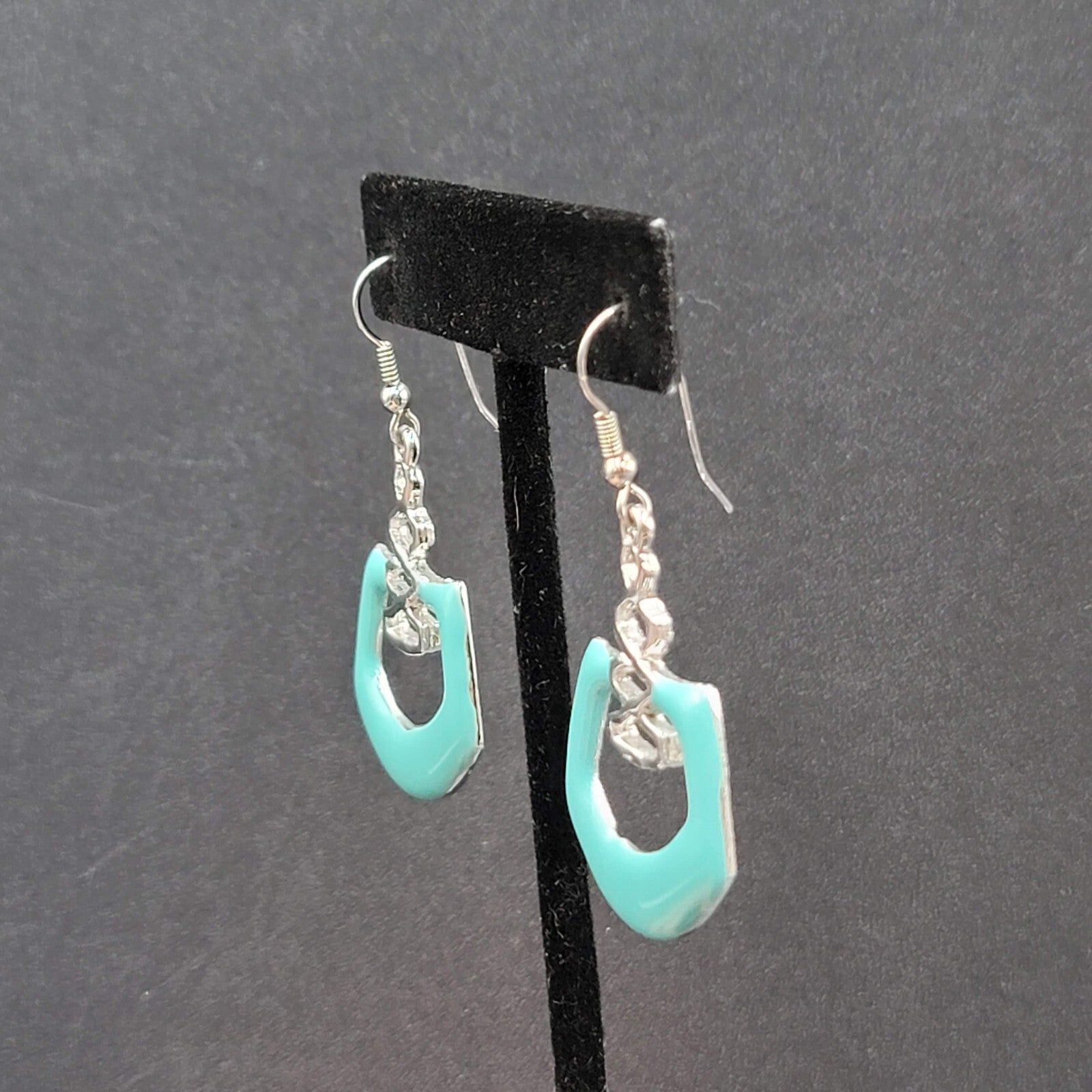 Pierced Earrings Silver Plated Blue Enamel Geometric Dangle 1.5"
