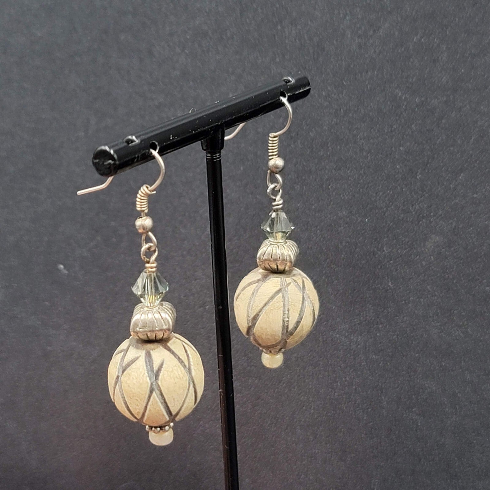 Vintage Pierced Earrings Silver tone Crystal and Wood Carved Bead Dangle 1.5"