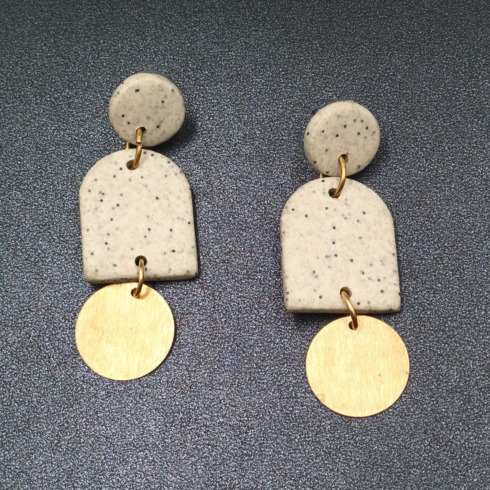 Pierced Earrings Speckled Acrylic Gold tone Geometric Statement Dangle 2 3/8"