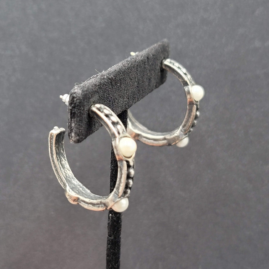 Pierced Earrings Silver tone Faux Pearl Hoops  1.25"