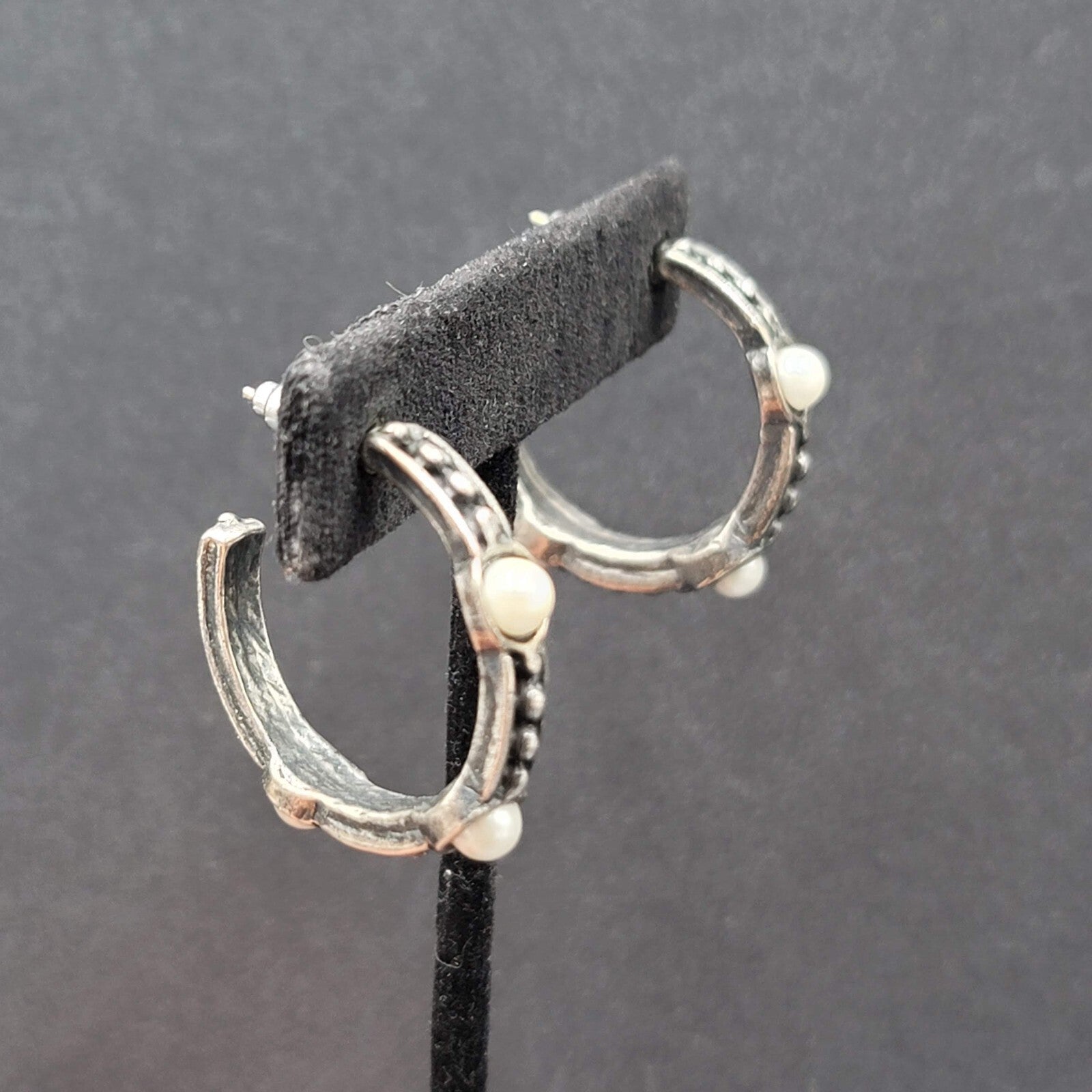 Pierced Earrings Silver tone Faux Pearl Hoops  1.25"