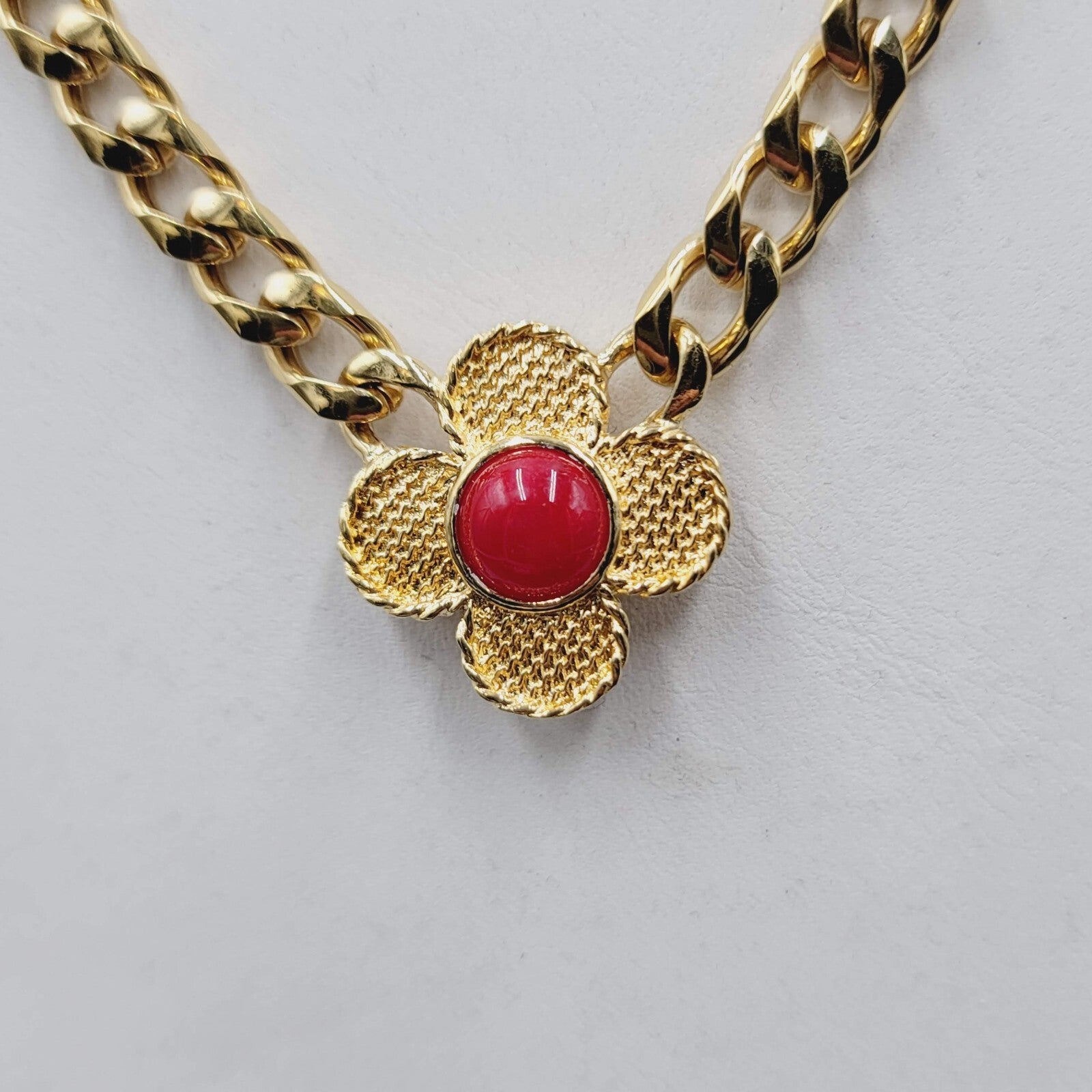 Vintage Heavy Gold Tone Thick Chain Station Red Accents 30"