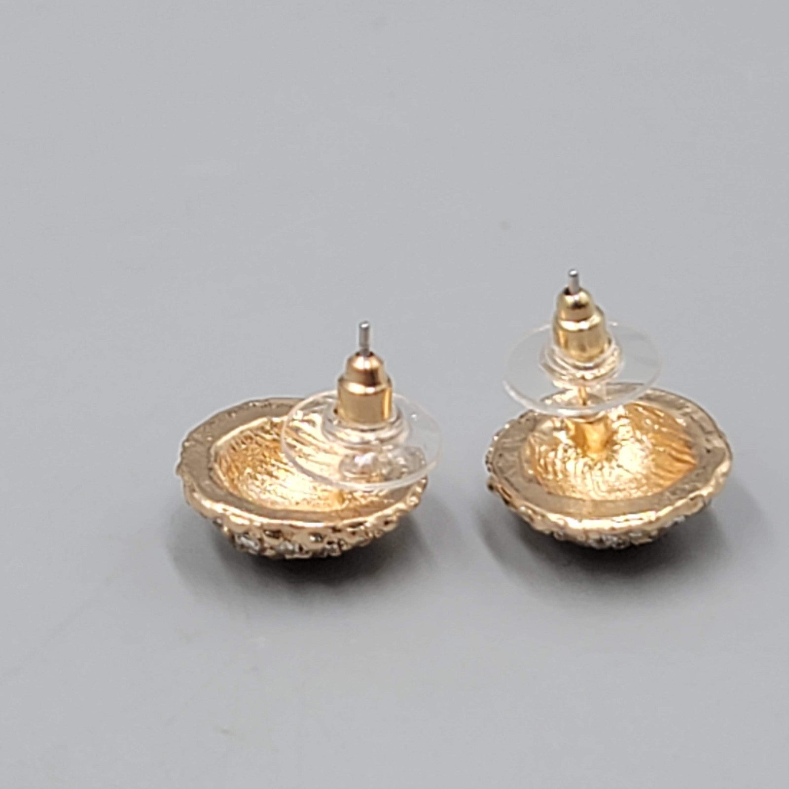 Dome Pierced Earrings Gold tone Clear Rhinestone 5/8 in