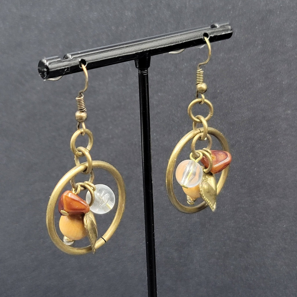 Pierced Earrings Bronze tone Heart Beaded Dangle 1"