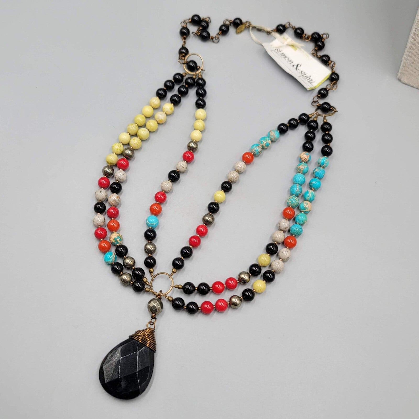 Simon & Ruby Gemstone Bead Necklace Statement Sterling Silver 28"