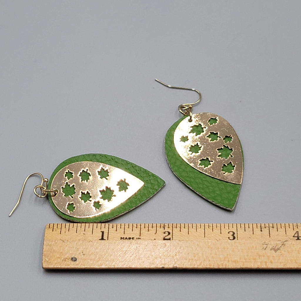 Gold tone Green Pierced Earrings Layered Metal over Faux Leather Dangle 2"