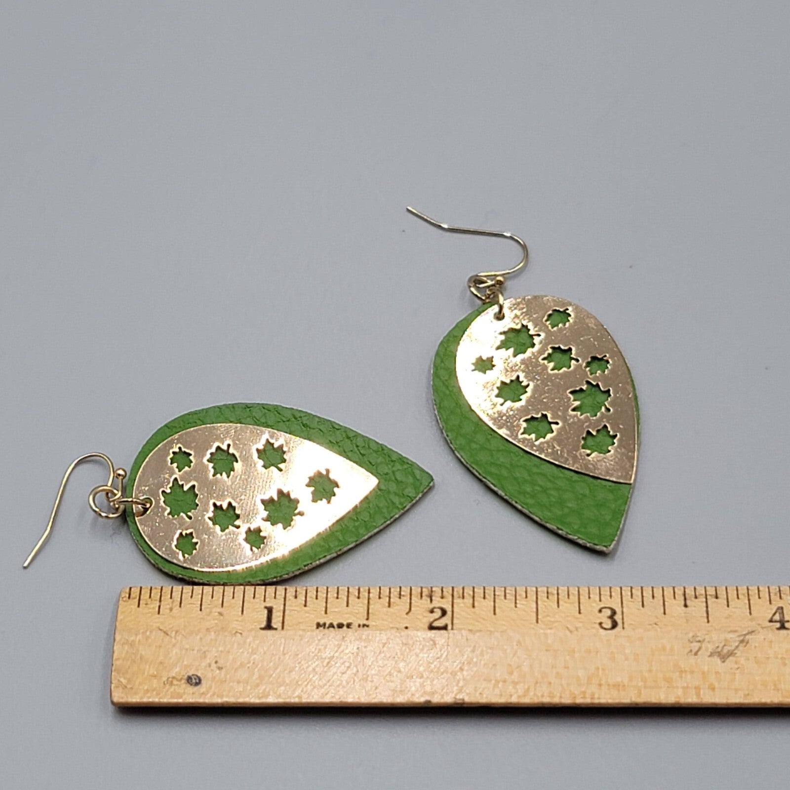 Gold tone Green Pierced Earrings Layered Metal over Faux Leather Dangle 2"