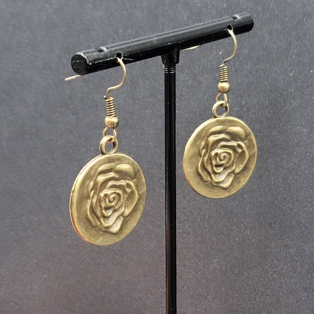 New Embossed Rose Flower Hat Pierced Earrings Bronze tone Round Dangle 1"