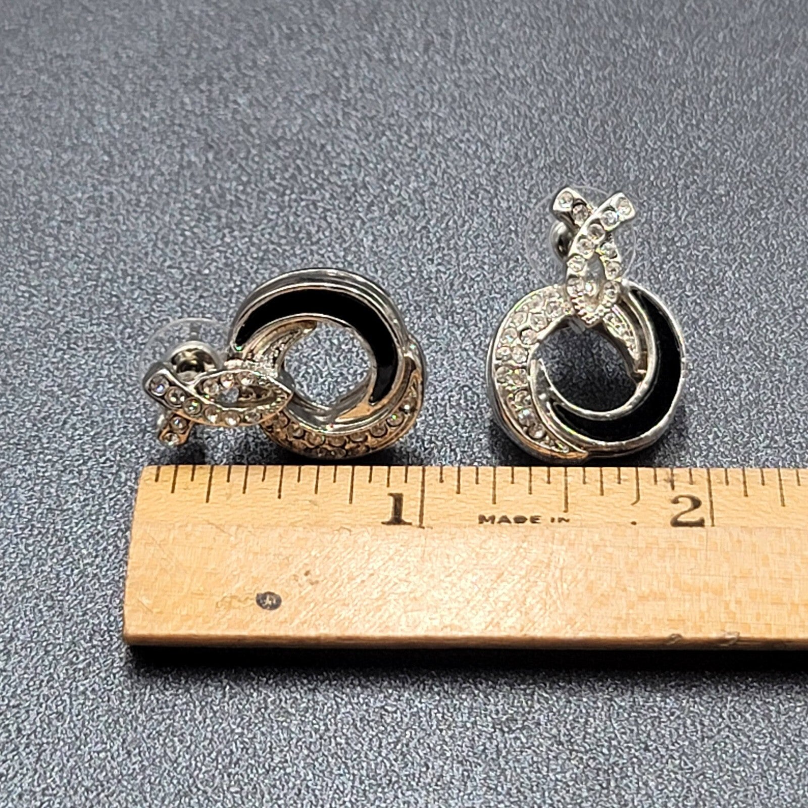 Pierced Earrings Silver tone Black Enamel Rhinestone Drop 1"