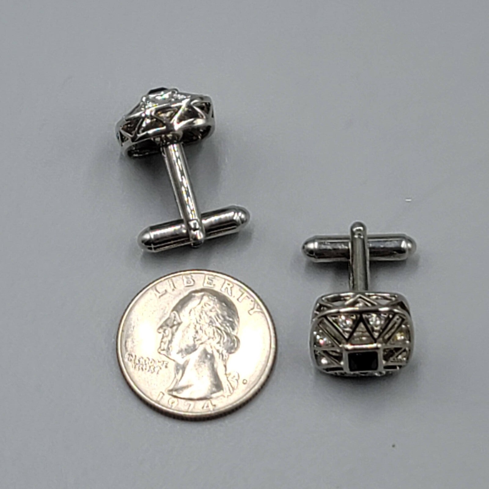 Rhinestone Silver Tone Cufflinks Square Black Center 3/4"