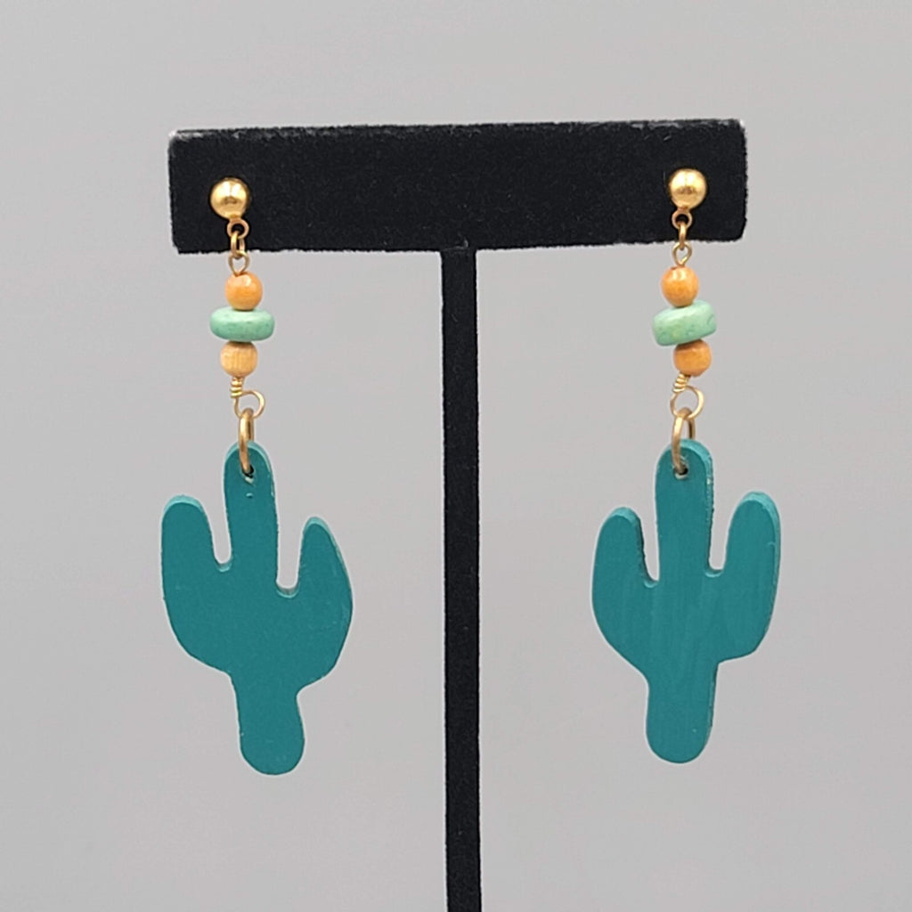 Vintage Wood Cactus Pierced Earrings Bead Dangle 2.75"