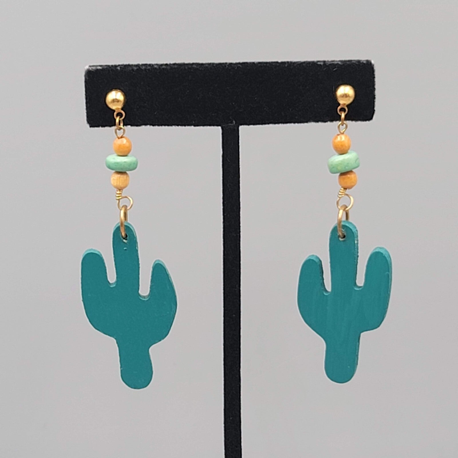 Vintage Wood Cactus Pierced Earrings Bead Dangle 2.75"