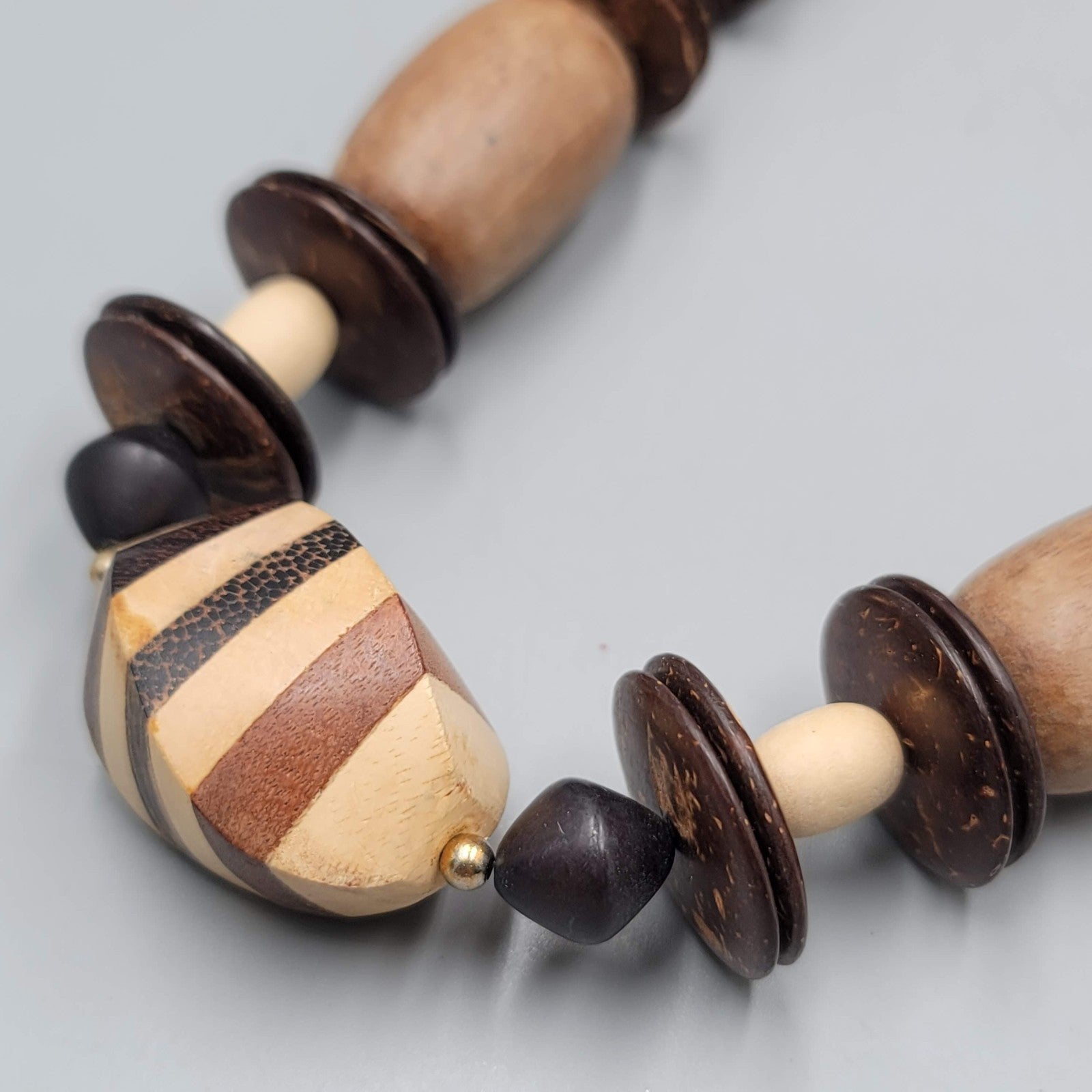 Vintage Large Wood and Coconut Bead Statement Necklace 24"