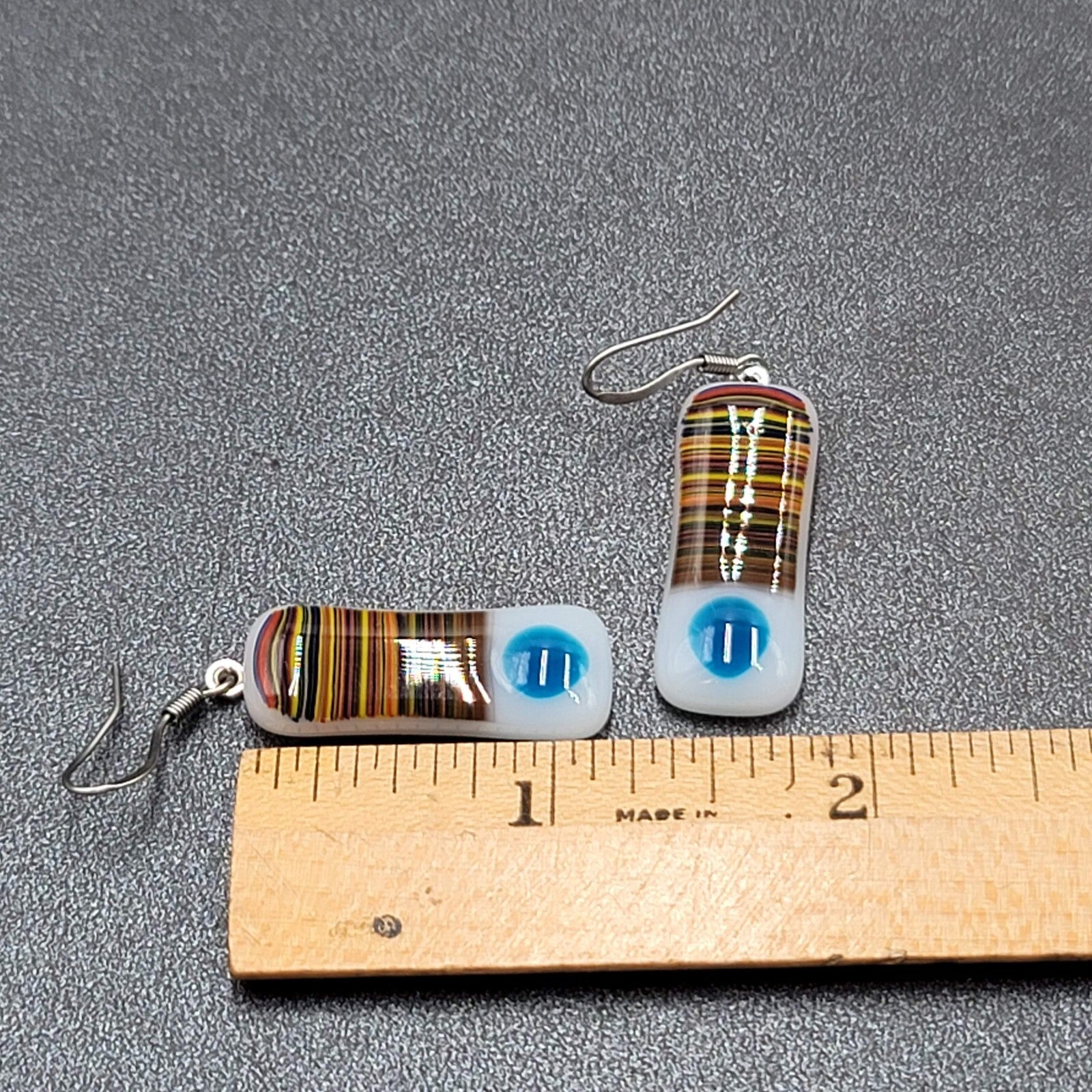 Artisan Art Glass Pierced Earrings Dangle White Multicolor 1.25"