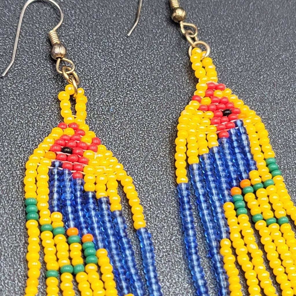 Vintage Pierced Earrings Yellow Seed Bead Parrot Bird Dangle 2.75"
