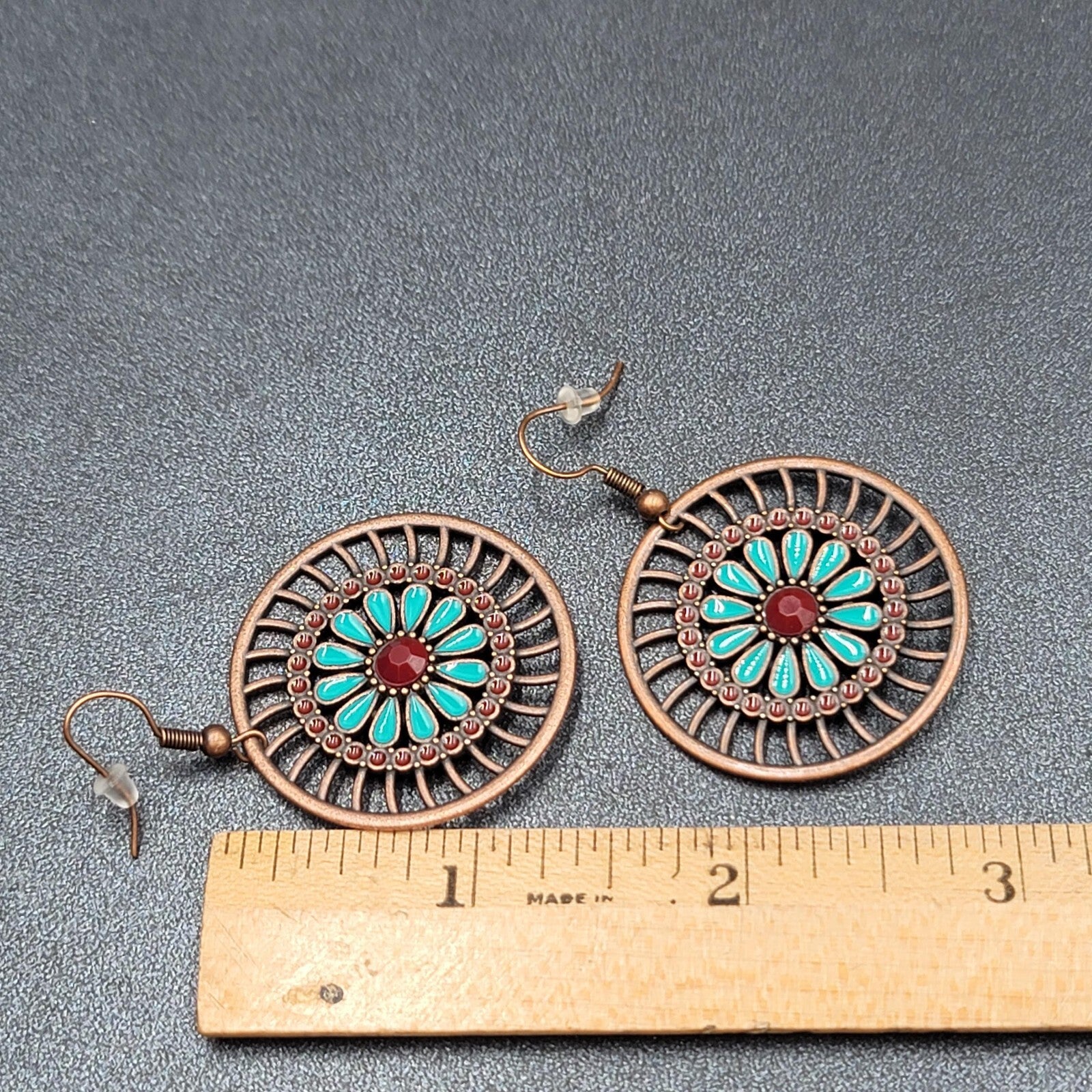 New Boho Pierced Earrings Bronze tone Blue Enamel Round Open Flower Dangle 1.25"