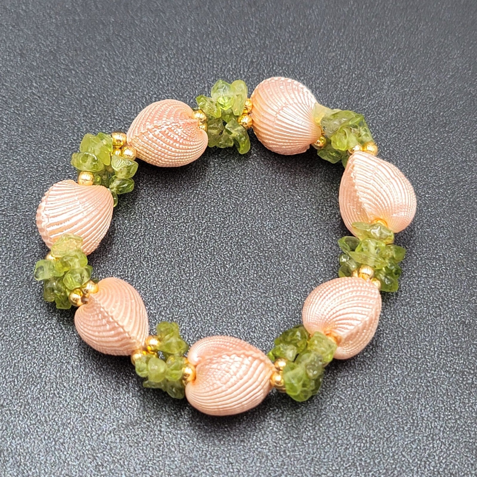 Real Seashell Bracelet Painted Pink Green Chip Gemstones Elastic  7"